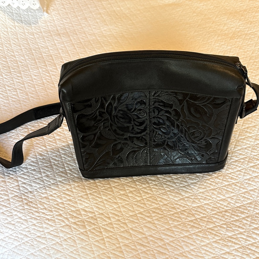 SAS Classic Black Tooled Leather Shoulder Bag